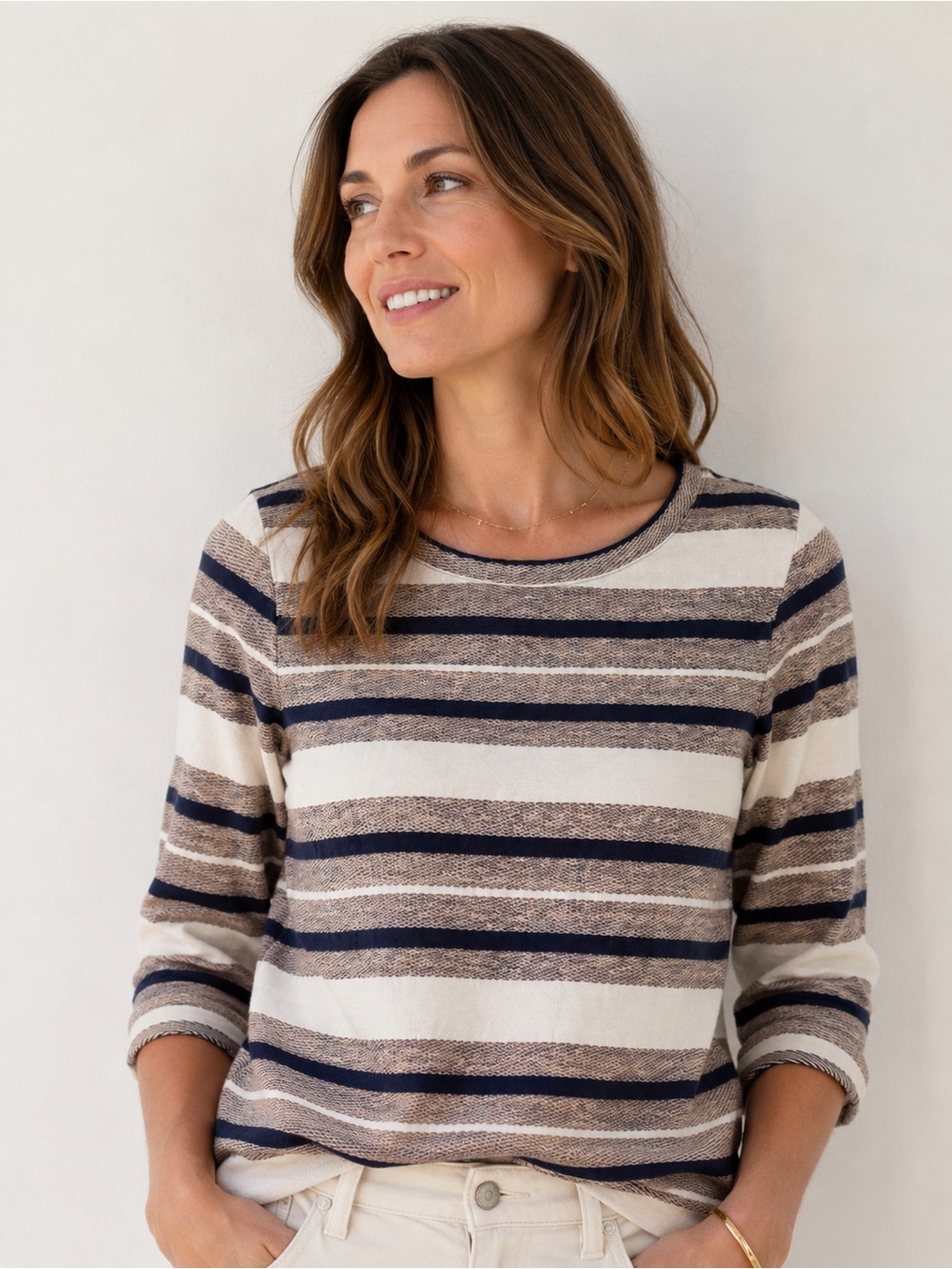 J.Crew Women’s Small Striped Knit Top Navy Cream Taupe 3/4 Sleeve